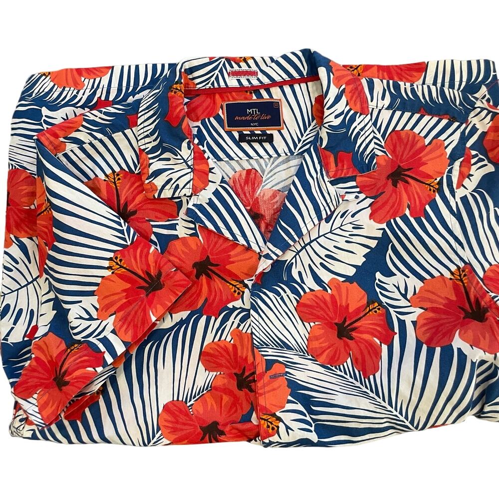 MTL Made To Live NYC Slim Fit Red Hibiscus Hawaiian Short Sleeve Shirt Mens M